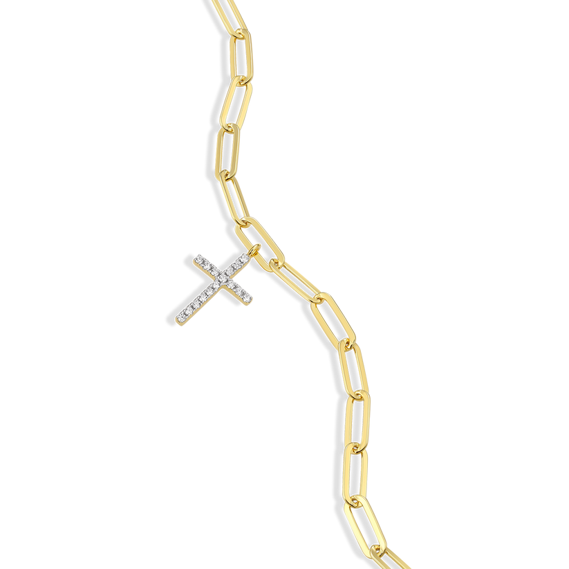 Sterling Silver Gold Plated Paperclip Cross Bracelet W/ Lab-Grown Diamonds