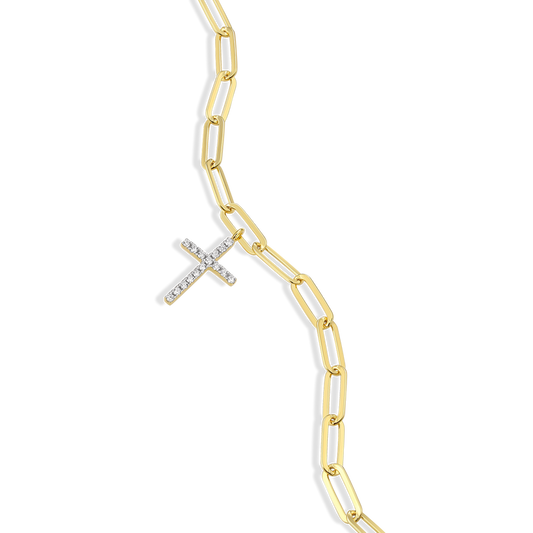 Sterling Silver Gold Plated Paperclip Cross Bracelet W/ Lab-Grown Diamonds