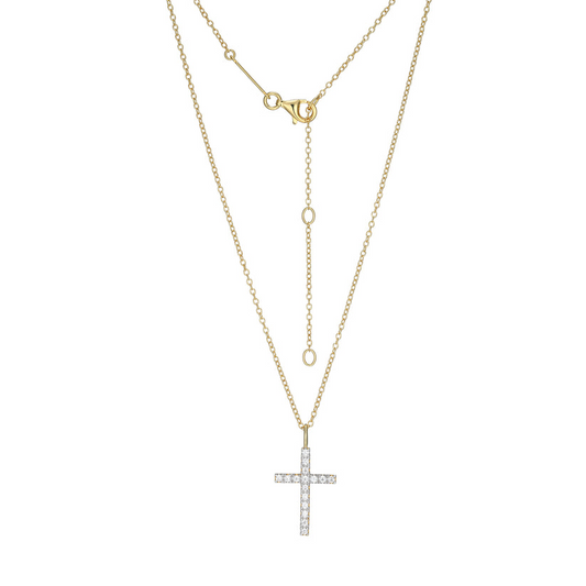 Sterling Silver Gold Plated Cross Necklace W/ Lab-Grown Diamonds