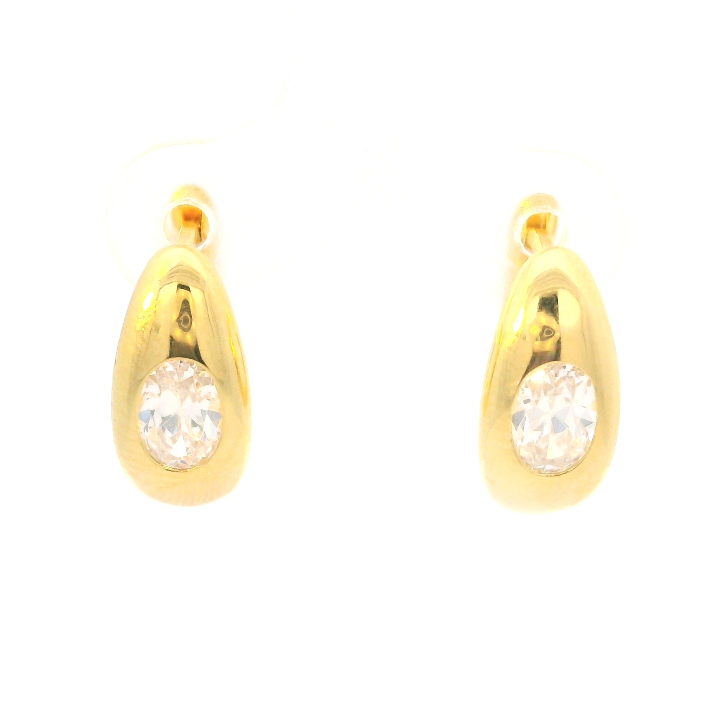 STERLING SILVER GOLD PLATED DIAMONDLITE CUBIC ZIRCONIA OVAL DOME SHAPED 15MM HUGGIE HOOP EARRINGS