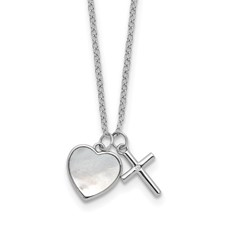 STERLING SILVER 17" NECKLACE W/ MOTHER OF PEARL HEART AND CROSS PENDANTS