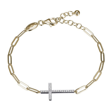 Gold Plated Charles Garnier Paperclip Cross Bracelet W/ Cz's