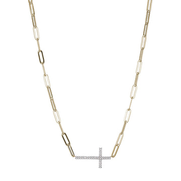 Sterling Silver Gold Plated Sideways Cross Necklace W/ Cz's
