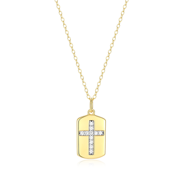 Sterling Silver Gold Plated Cross Tag Necklace W/ Lab-Grown Diamonds