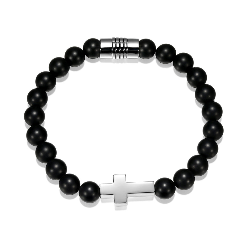 Sterling Silver Black Agate Beaded Cross Bracelet