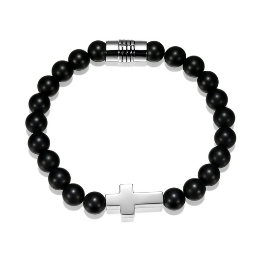 Sterling Silver Black Agate Beaded Cross Bracelet