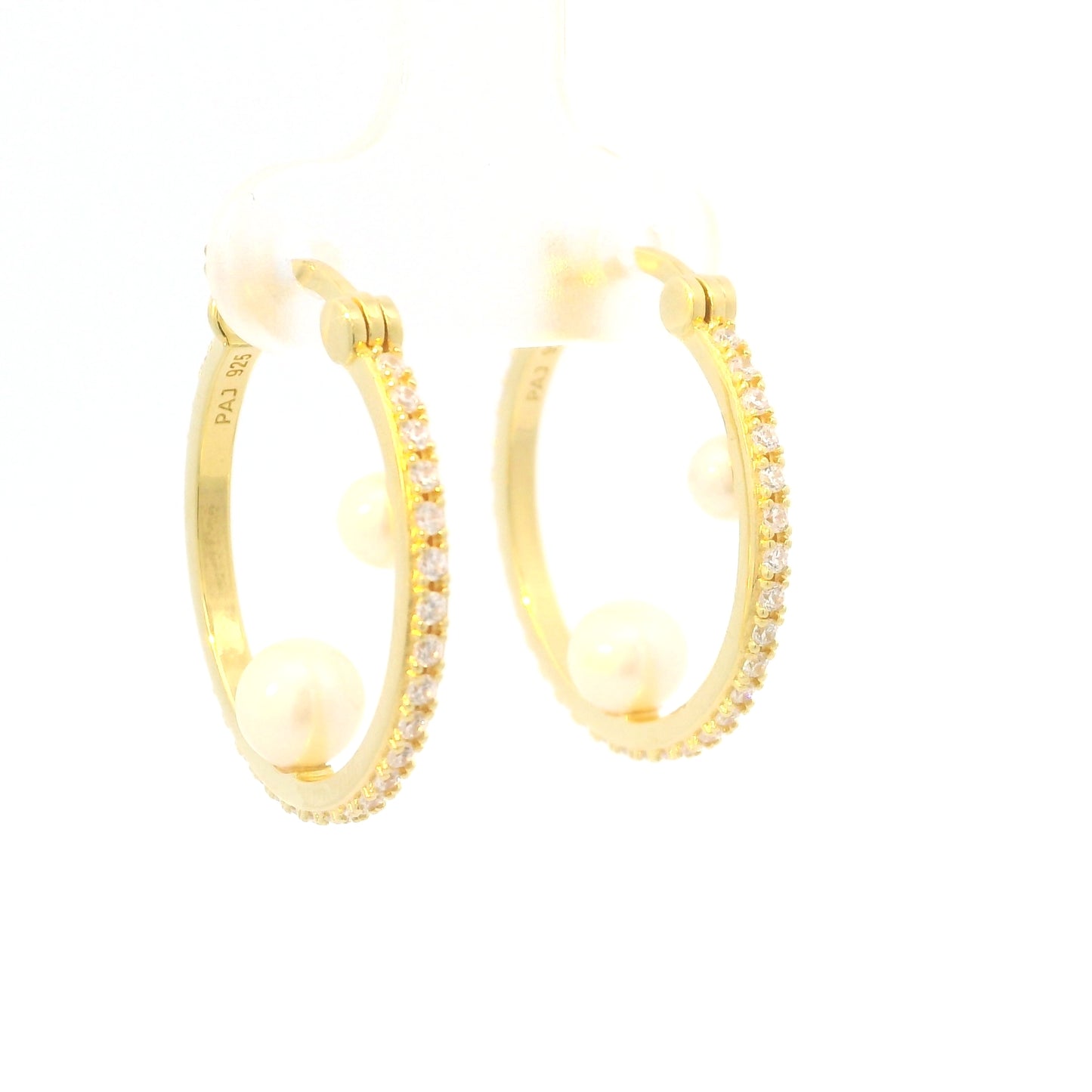 STERLING SILVER GOLD PLATED DIAMONDLITE CUBIC ZIRCONA &amp; PEARL 22MM HOOP EARRINGS