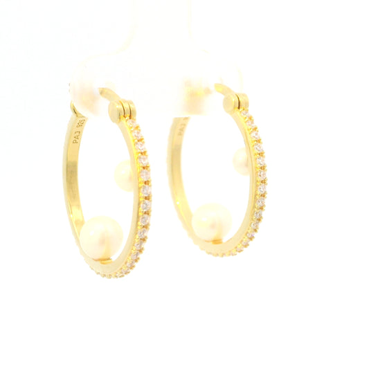 STERLING SILVER GOLD PLATED DIAMONDLITE CUBIC ZIRCONA &amp; PEARL 22MM HOOP EARRINGS