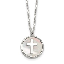 STERLING SILVER NECKLACE W/ MOTHER OF PEARL DISC AND CROSS CUT OUT ON 16" CHAIN