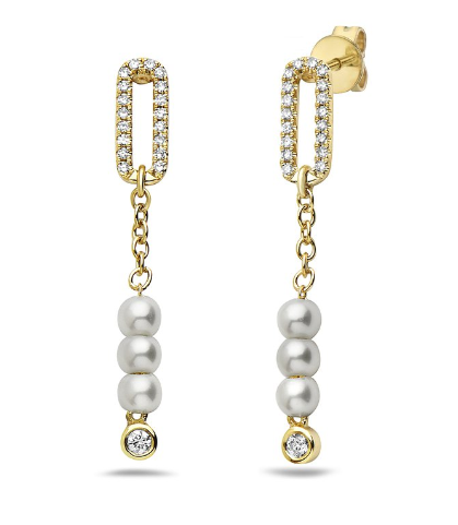 Yellow Gold Diamond and Pearl Dangle Earrings
